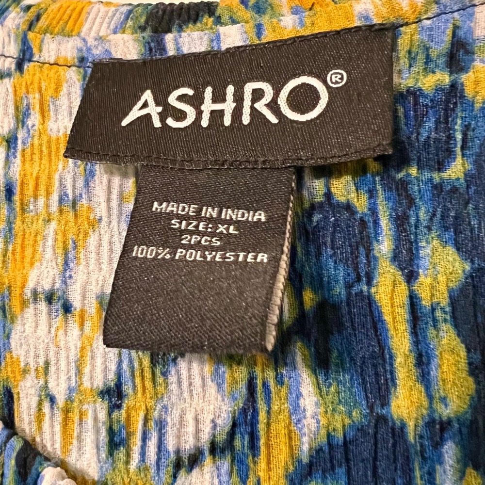 Ashro Womens XL 2 Piece Skirt Set Blue Yellow Abstract Ruffle Top Midi Skirt - Picture 4 of 11